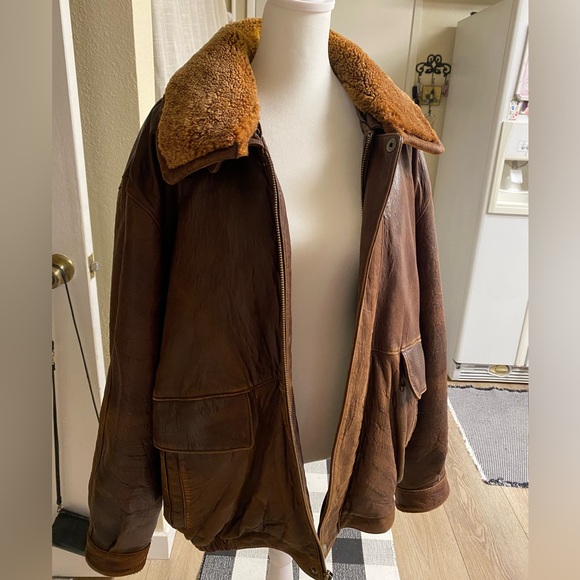 Vtg RARE Aviator Bomber Brown Jacket Lambskin Leather Fur Collar Removable XXL - Picture 3 of 12